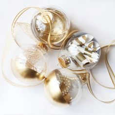 three christmas ornaments with the words how to make gold dipped ornaments