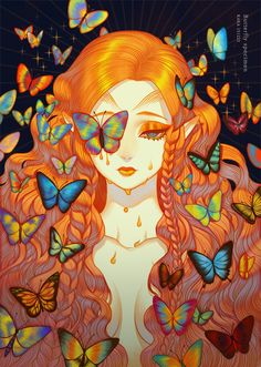 a woman with long red hair surrounded by butterflies