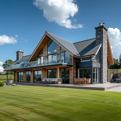 a large house sitting on top of a lush green field