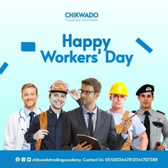 a group of men standing next to each other in front of a sign that says happy workers day