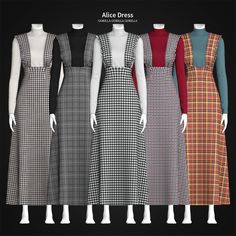 four dresses in different colors and patterns