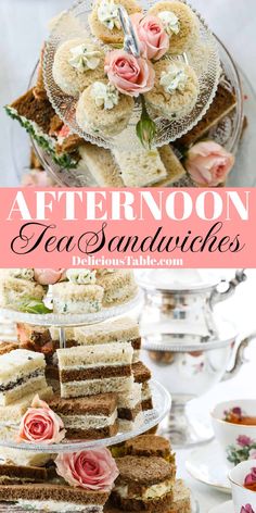 afternoon tea sandwiches with flowers on top and the title overlay reads afternoon tea sandwiches