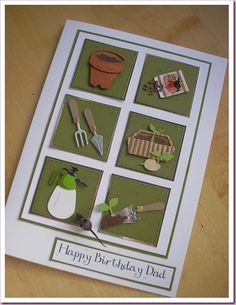 a birthday card with pictures of gardening tools and flowers on it, sitting on a table