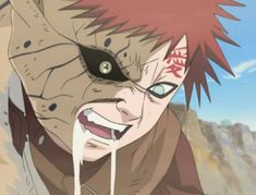 an anime character with red hair and black eyes is eating something while looking at the camera