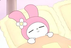 a cartoon character laying on top of a bed with a pink hat and flower in her hair