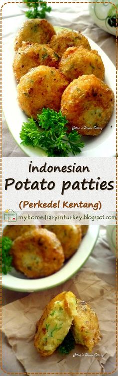 some food is on a white plate with green garnish and the words indonesian potato patties