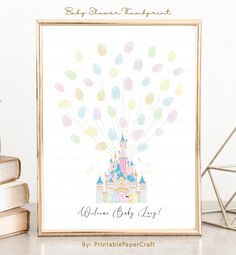 an image of a baby's first birthday card with a castle and balloons on it