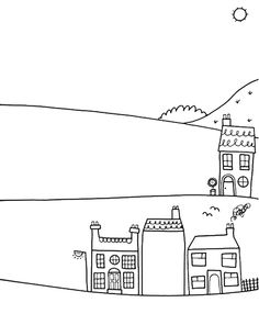 a black and white drawing of houses on a hill