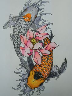 two koi fish with water lilies on their tails and one flower in the middle