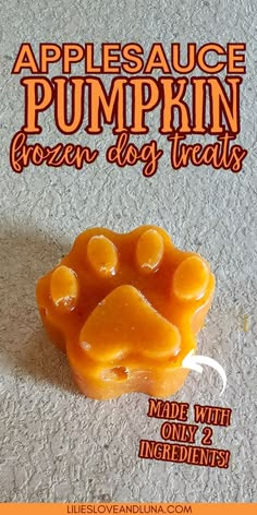 Bone shaped frozen dog treats with a text overlay that reads applesauce pumpkin frozen dog treats made with only 2 ingredients. Dog Treats Made With Pumpkin Puree, Applesauce For Dogs, Woof Pupsicle Recipes Pumpkin, Dog Safe Treats, Homemade Puppy Teething Treats, Canned Pumpkin Dog Treats, No Peanut Butter Dog Treats