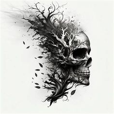 a black and white drawing of a skull with leaves coming out of its head,