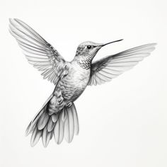 a black and white drawing of a hummingbird flying in the air with its wings open