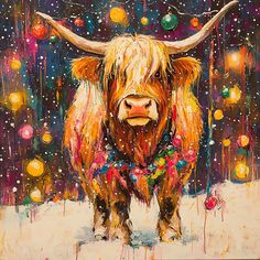 a painting of a cow standing in the snow surrounded by christmas lights and balls on a dark background