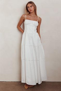 Heavenly Glow Gathered Bust A-Line Maxi Dress Off White by Selfie Leslie White Sleeveless Flowy Maxi Dress, Off-white Maxi Sundress, Affordable Non-stretch White Maxi Dress, White Breezy Tiered Maxi Dress, White Stretch A-line Maxi Dress, A Line Maxi Dress, Side Zipper, Best Sellers, Spaghetti Strap