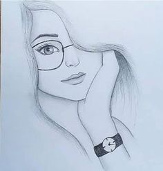 a pencil drawing of a woman with glasses and a watch on her wrist is shown