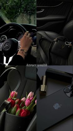 the interior of a car with flowers in it