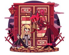 two cartoon characters sitting in front of a red door with an evil demon on it