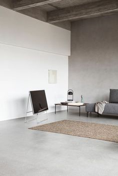 a living room filled with furniture and a rug on top of a carpeted floor