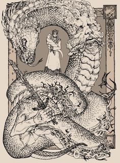 a black and white drawing of a man standing next to a dragon