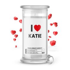 i love kate candle with red hearts floating out of it and the lid is open