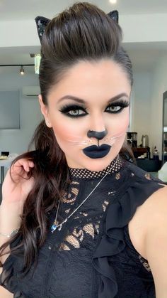 Black Cat Make Up For Halloween, Halloween Makeup Cat Woman, Cat Face For Halloween Make Up, Simple Cat Face Paint For Women, Womens Cat Costume Makeup, Cat Face Halloween Makeup Ideas, Zombie Cat Makeup, Cat Makeup For Women, Blue Cat Makeup