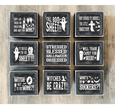 six coasters with different sayings on them sitting on top of a wooden table