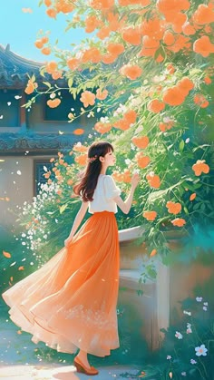 a painting of a woman in an orange dress looking out over a flowery garden