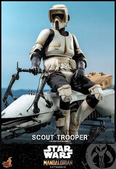 a star wars action figure sitting on top of a boat in the water with text that reads scout trooper