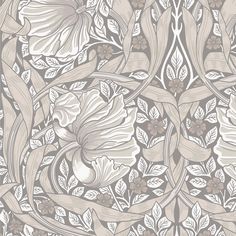 an intricately designed wallpaper with flowers and leaves in grey, beige and white colors