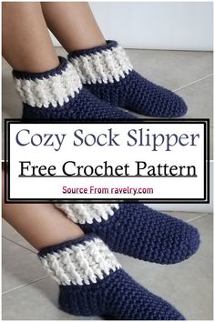 the legs of a woman wearing crochet slippers with text overlay that reads cozy sock slipper free crochet pattern