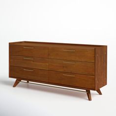 a wooden dresser with six drawers on one side and two legs, against a white background