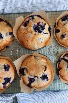 six blueberry muffins sitting on top of a pan