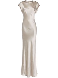 Find MICHELLE MASON Backless Silk Gown on Editorialist. light grey silk long length short sleeves adjustable neck strap backless cowl effect bias cut silk lining satin finish Elegant Silver Satin Gown, Sleek Silk Wedding Dress, Long Sleeve Silk Wedding Dress, White Dress Silk, Silk Cowl Neck Dress, Silk Gowns, Long Silk Dress, Godet Dress, White Silk Dress