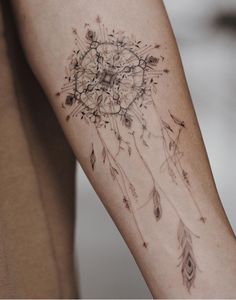 a woman's arm with a tattoo on it that has an image of a dream catcher