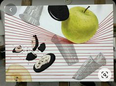 an apple is sitting on top of a piece of paper with various objects painted on it