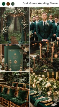 Dark green wedding theme ideas for a lush, natural atmosphere. Green Asthetics Wedding, Black Green And Brown Wedding, Dark Green Reception Decor, Green Weddings Aesthetic, Dark Forest Theme Wedding, Dark Green Romantic Wedding, Green Aesthetic Wedding Decor, Forest Green And White Wedding Theme, October Wedding Green