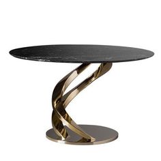 a black marble top table with gold metal legs and an elegant twist design on the base