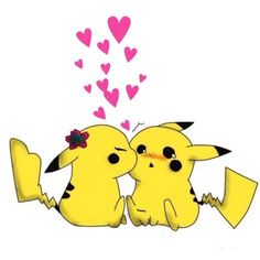 two pikachu sitting next to each other with hearts coming out of their backs