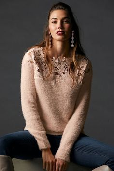 Lace Plush Long-Sleeve Sweater | Our fuzzy-plush, long-sleeve sweater is topped with dimensional lace for a feminine look that flatters. Fall Sweaters For Women, Perfect Fall Outfit, Chic Sweaters, Sweater Collection, Cardigan Outfits, How To Stretch Boots, Boston Proper, New Clothes, Dressy Tops