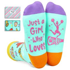 PRICES MAY VARY. CHEERLEADER SOCKS: These light green cheerleading socks feature colorful balls, slogan boards, cheerleading sticks, fan sticks, cheering sticks, batting sticks, and other patterns. The socks also showcase a humorous message that reads, "Just a Girl Who Loves Cheer." ONE SIZE: Accommodates a large array, fitting most women's shoe sizes 6-12 and sock sizes 8-13. Each exclusive gift box contains one pair of funny socks. LUXURIOUS COMFORT: A cotton blend that stretches luxuriously t Cheer Comp Goodie Bags, Disney Cheer Gifts, Gift Ideas For Cheerleaders, Cheerleader Goodie Bag Ideas, Cheer Snacks Ideas Goodie Bags, Cheerleader Gifts For Team, Cheer Gifts For Team Goody Bags