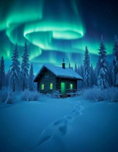 a cabin in the woods with an aurora bore above it and snow on the ground