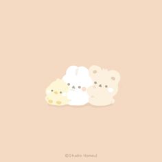 three teddy bears sitting next to each other on a light pink background with the words hello kitty written below them