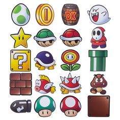 nintendo stickers are arranged on top of each other, including mario's mushroom and luigi