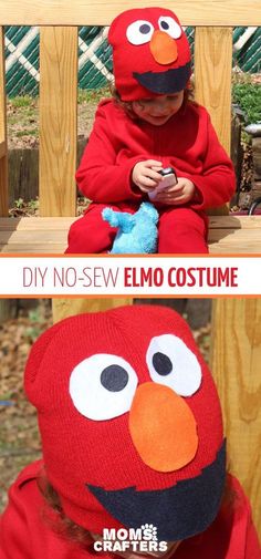 two pictures with the same person in red and one has an elmo costume on