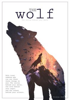 a wolf with birds flying over it and the words wolf written in spanish above it