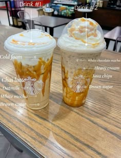 two starbucks drinks sitting on top of a table with information about the different beverages in each cup