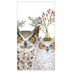 two owls standing next to each other with flowers in their beaks on top of them