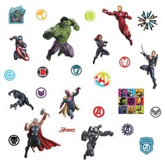 the avengers stickers are all over the room