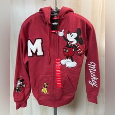 Disney - Mickey And Friends Zip Hoodie Jacket. Embroidered Characters. Light Red Color. New With Tag. Size Extra-Small. Disney Hoodie For Winter, Disney Winter Hoodie, Disney Winter Hooded Tops, Disney Hooded Winter Hoodie, Disney Hooded Winter Tops, Disney Hooded Winter Outerwear, Disney Cotton Hoodie For Streetwear, Disney Hoodie With Drawstring Hood For Winter, Cotton Hoodie For Disney Fan Events