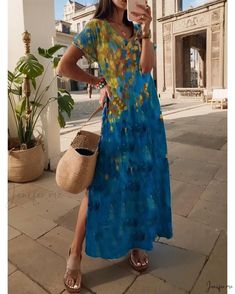 Casual Printed V-neck Maxi Dress, Flowy Casual Maxi Dress, Casual Non-stretch Dress For Beach Season, Casual Short Sleeve Maxi Dress For Beach Season, Casual Fitted Maxi Dress For Beach Season, Casual Non-stretch Short Sleeve Maxi Dress, Casual Non-stretch Maxi Dress With Short Sleeves, Multicolor Relaxed Fit Maxi Dress For Summer, Casual V-neck Maxi Dress For Spring